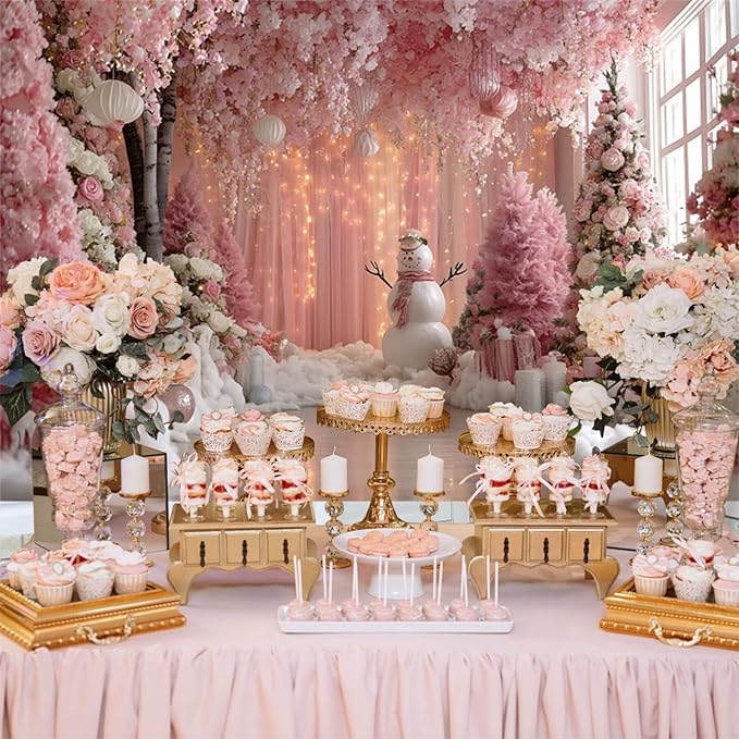 Baocicco 15x10ft Pink Merry Christmas Photography Background Xmas Snowman Flowers Curtain New Year Eve Photo Backdrop for Winter Holiday Party Banner Girls Princess Birthday Baby Shower Backdrops