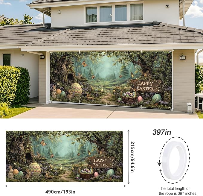 Happy Easter Woodland Scene Garage Door Banner 7x16FT, Bunny & Colorful Easter Eggs Garage Door Cover, Outdoor Spring Decor for Yard, Garage & Front Door