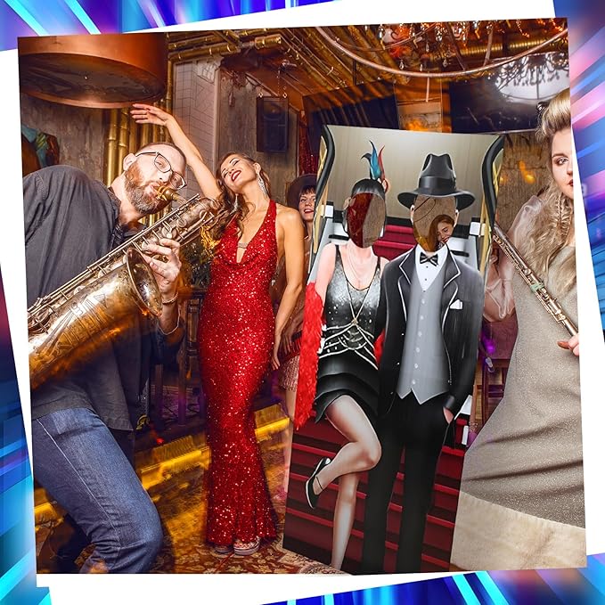 Amyhill 6 ft Roaring 20s Flapper and Gentleman Couple Cardboard Cutout Stand up Retro Faceless Life Size Photo Prop Vintage Dance Couple Backdrop for Dance Theme Jazz Night Party Decoration