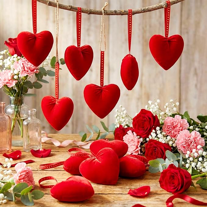 18 Pcs Valentine's Day Hanging Heart Ornaments Handmade Heart Shaped Velvet Gifts 4.3 Inches Hanging Valentine Tree Ornaments for Wedding Anniversary Party Decorations(Red)
