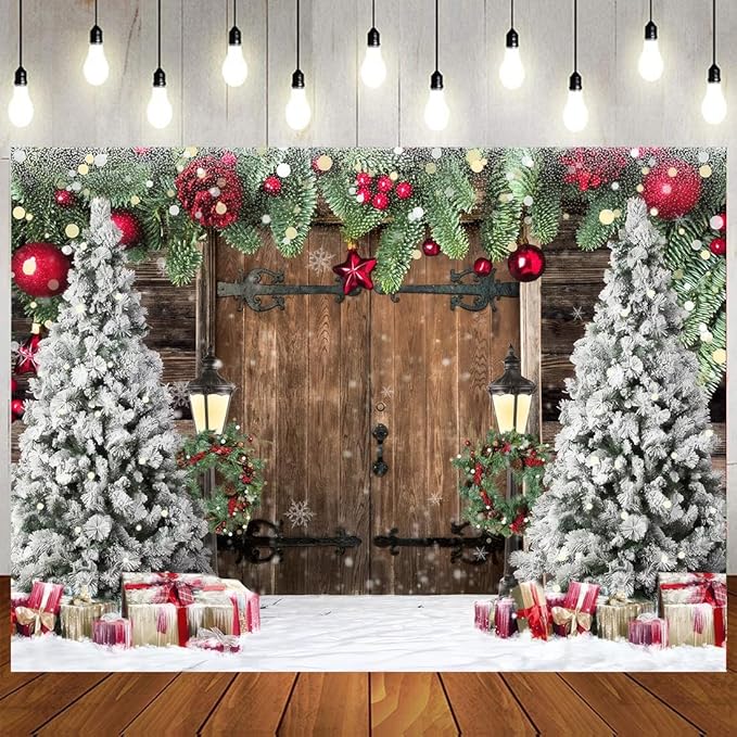 8x10ft Christmas Backdrop Snowy Wooden Door Background Pine Garland Christmas Trees Gifts Lanterns Red Gold Ornament Winter Photography Backdrop Xmas Party Banner Home Wall Decoration 114