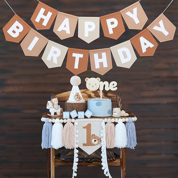Bear First Brown Felt Happy Birthday High Chair Banner Pre-strung Birthday Hanging Decoration With Birthday Hat One Cake Topper For 1st Birthday Party Decor