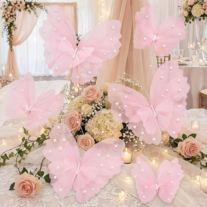 Geelin 6 Pcs Large Pink Pearl Butterfly Decorations Mariposas Grandes para Decoracion Big Butterfly Party Decor 20 Inch 12 Inch 3D Silk Butterflies for Baby Shower Birthday Party Wedding Decor