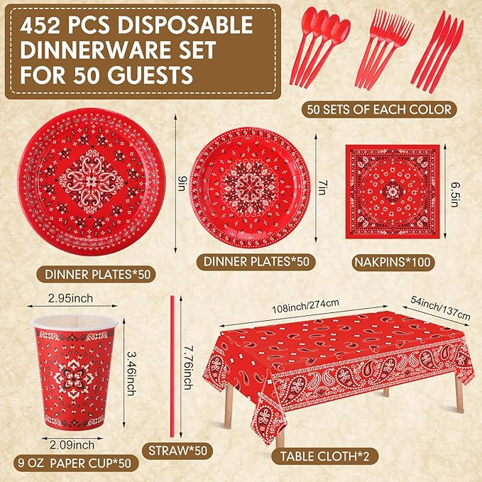 452 Pcs Red Bandana Western Party Decorations for 50 Guests, Red Bandana Paper Plates Cups Napkins Tablecloth Cutlery Straws for Cowboy Cowgirl Farm Baby Shower Birthday Party Supplies