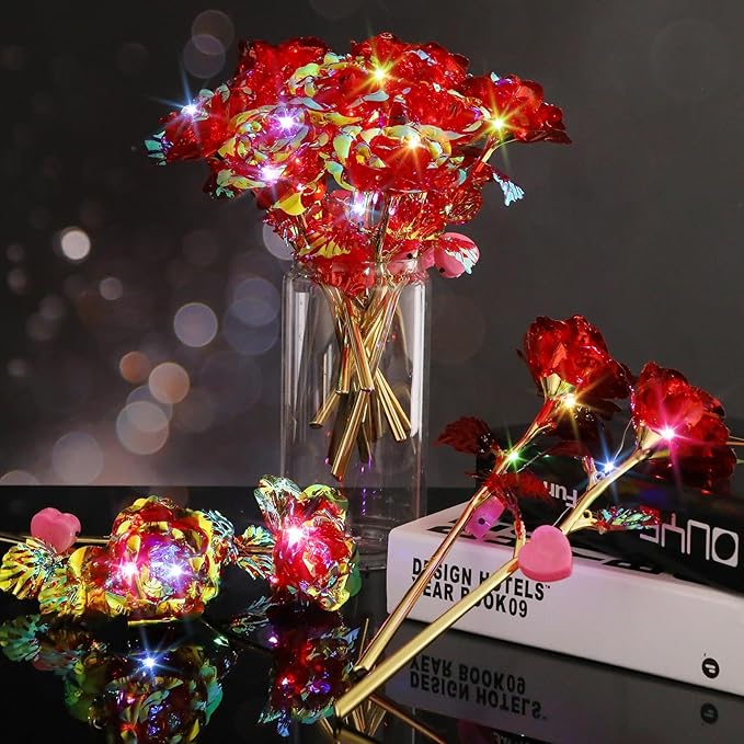Lyrow 24 Pcs Valentines Galaxy Rose LED Light up Rose Flower Gifts Crystal Artificial Rainbow Flower for Valentine Lover Girlfriend Mom Her Mother's Day Birthday Wedding Gift, 9.84 Inches (Red)