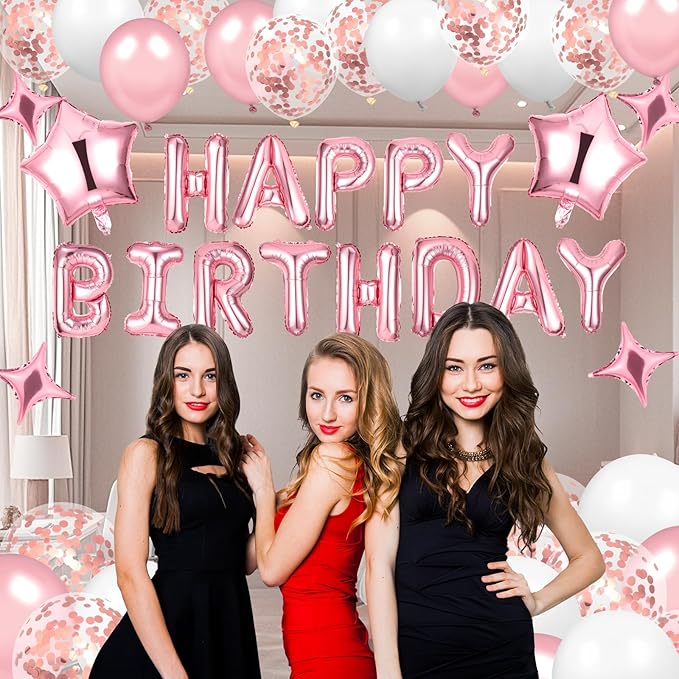 Pink Happy Birthday Balloons Decorations Pink White Birthday Balloon Letters Banner with 6 Pcs Star Balloons Artificial Rose Petal 24 Flameless LED Candles for Room Hotel Party Decorations Supplies