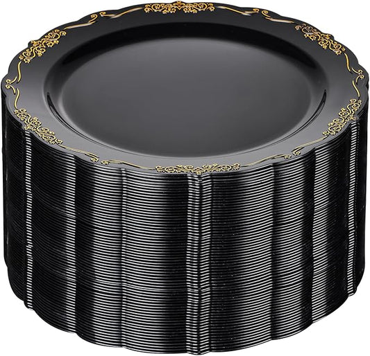DaYammi 60PCS Black and Gold Plastic Plates, Heavy Duty Black and Gold Disposable Plates Premium 10inch Dinner Plate Hard Plastic Plate Disposable for Party and Wedding