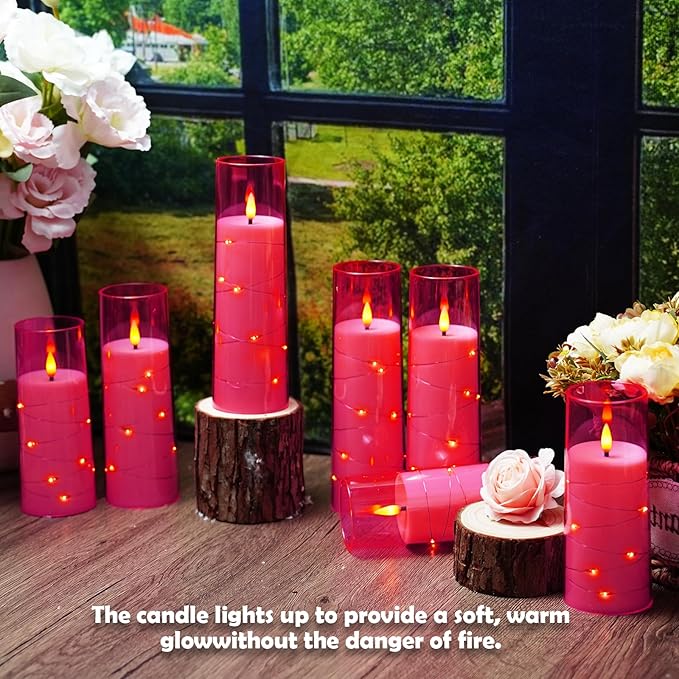 Flameless Candles with Embedded Star String - Battery Operated LED Candles, with Remote,12 Pink Flickering Candles for Christmas, Weddings, Home Decor & Party,(D 2.3"×H 5" 6" 7")