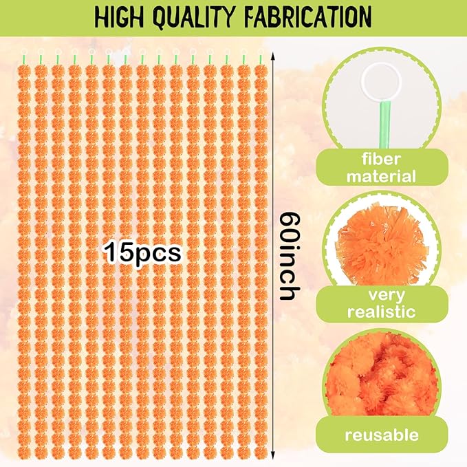 Giegxin 15 Pack Marigold Garland for Decoration 5 ft Long Strands Faux Artificial Marigold Flowers for Dia De Los Muertos Diwali Indian Wedding Party Decorations(Orange Red)