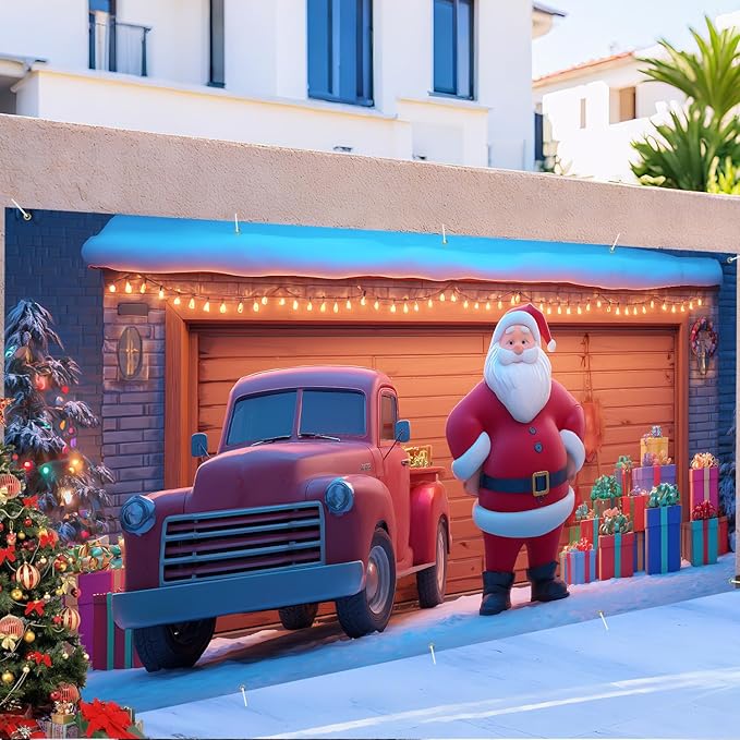 Santa and Truck Christmas Garage Door Banner 7x16FT, Holiday Scene with Santa, Gifts, and Vintage Truck, Large Outdoor Xmas Decoration for Garage Doors