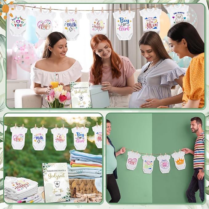 Panitay 126 Pcs Baby Shower DIY Bodysuit Set Bib 25 Blank White Newborn Bodysuit 25 Stencils 24 Marker 1 Sign 50 Pins(Greenery)