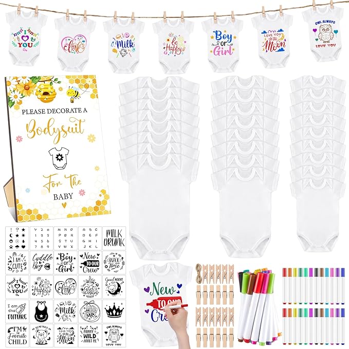 Panitay 126 Pcs Baby Shower DIY Bodysuit Set Bib 25 Blank White Newborn Bodysuit 25 Stencils 24 Marker 1 Sign 50 Pins(Bee)