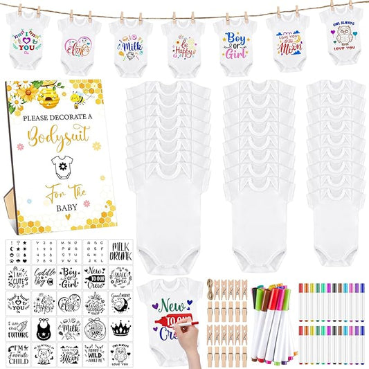 Panitay 126 Pcs Baby Shower DIY Bodysuit Set Bib 25 Blank White Newborn Bodysuit 25 Stencils 24 Marker 1 Sign 50 Pins(Bee)