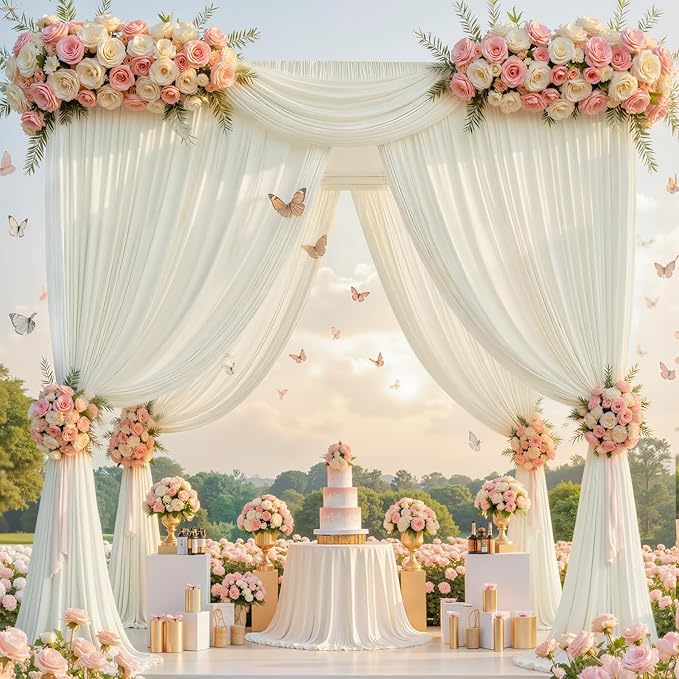 gogoparti 50ft x 12ft Ivory Wrinkle-Free Backdrop Curtain for Wedding Parties, Thick Polyester 10 Panels 5x12ft for Wedding Birthday Baby Shower Halloween Photography Party Background