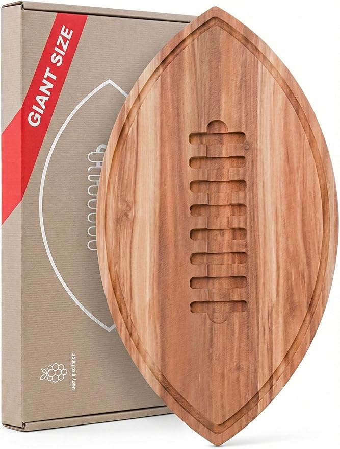 New – Giant Football Shaped Cutting Board – 23.5X14 INCH – Jumbo Size Acacia Wood Charcuterie Tray – Extra Large Wooden Football Serving Platter for Super Bowl Parties, Tailgate Hosting & Gifts