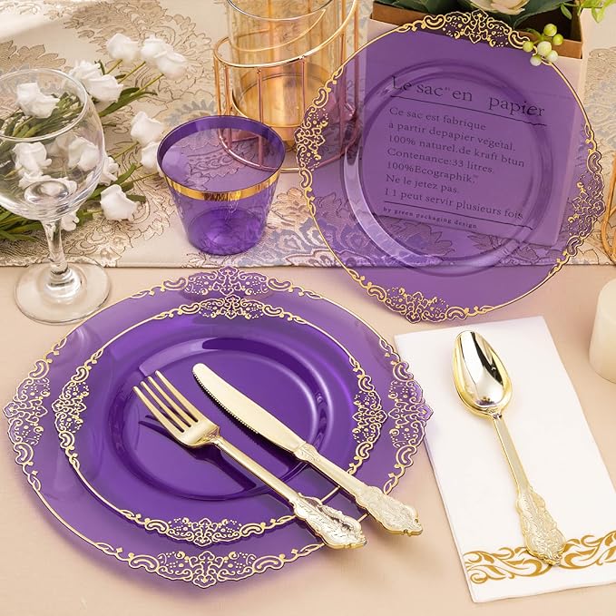 350PCS Clear Purple Plastic Plates for 50 Guests, Disposable Plates with Gold Trim include 50 Dinner Plates, 50 Dessert Plates, 150 Gold Silverware, 50 Cups, 50 Napkins for Party, Wedding