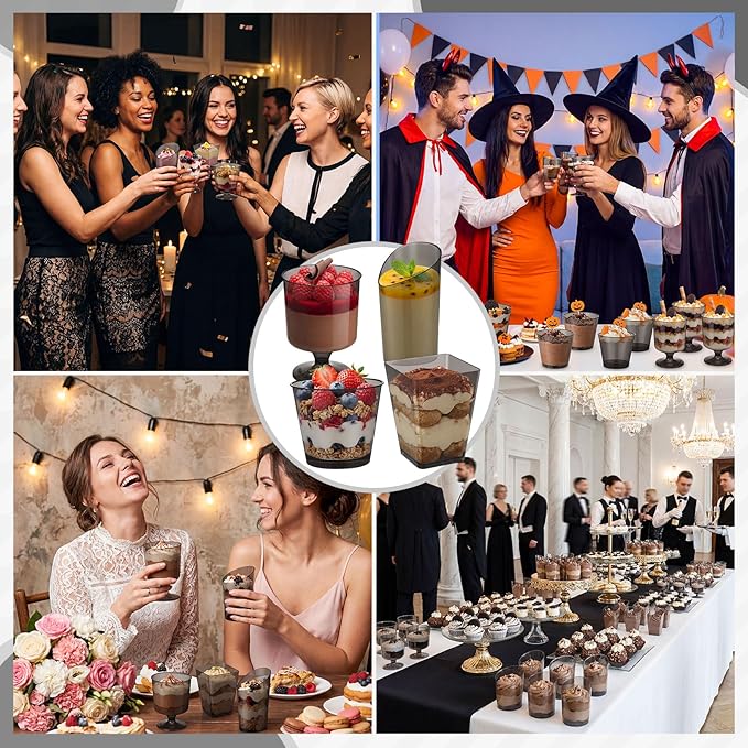 300 Pack Clear Black Mini Dessert Cups with Spoons 5oz 3oz Plastic Square Slanted Parfait Appetizer Shooter Round Goblet for Dessert Table Adult Birthday Party Pudding Ice Cream Cake Yogurt