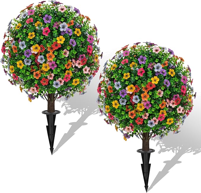 23" Artificial Boxwood Topiary Ball Trees with Colorful Flowers, Set of 2 UV Resistant No Fade Outdoor Faux Plants with Ground Spike, Fake Shrubs for Garden, Patio, Porch, Yard, Indoor Decor