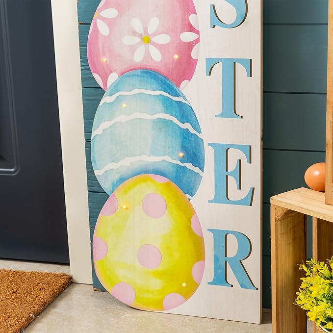 Glitzhome 42" Lighted Wooden Easter Porch Sign with Timer, Stacked Eggs Vertical Welcome Sign for Front Door Indoor Outdoor Spring Easter Party Decor