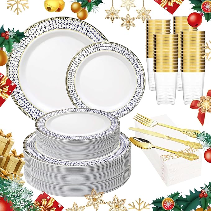 MENDENG 350Pcs Plastic Plates for Party Plates Disposable Heavy Duty Platos Desechables Elegantes, Thanksgiving Christmas Plates Disposable with Cups and Napkins and Gold Cutlery Set