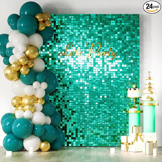 COKAOBE Emerald Green Shimmer Wall Backdrop, 24PCS Square Sequin Shimmer Backdrop Panel, Photo Backdrops for Birthday, Anniversary, Wedding, Graduation & Bachelorette Party Decoration