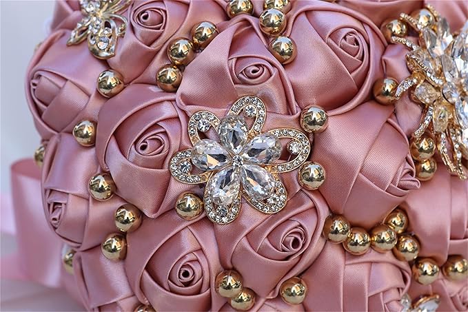 Bridal Wedding Bouquet for Bride Bridesmaid Wedding Quinceanera Throw Toss Artificial Rose Flower Bunch with Bling Brooch (07G#Dark Pink, Large (Dia. 9.8"/24cm))