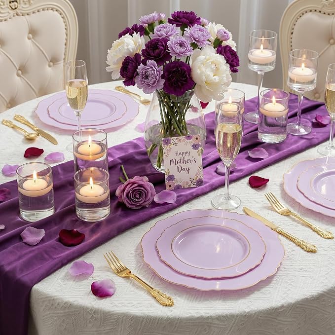 Liacere 350PCS Purple Plastic Plates - Disposable Light Purple and Gold Plates 50guest Baroque Plastic Dinnerware include 100Plates,50Pack Pre Rolled Napkins with Silverware 50Cups for Valentine’s Day