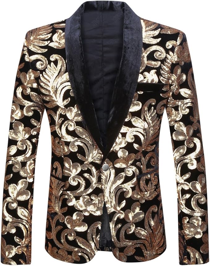 Men Fashion Velvet Sequins Floral Pattern Suit Jacket Blazer
