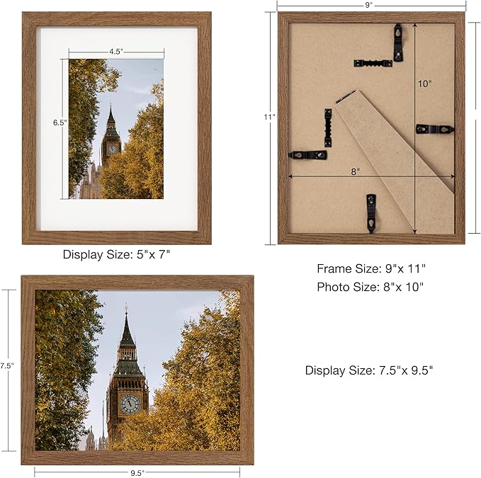Axeman 8x10 Picture Frame - Solid Oak Wood 8''x10'' Frame With Mat For 5x7, 8 x 10 Photo Frame Wood, Plexiglass And Hanging Hardware Included, Wall And Tabletop Display, Walnut 3PCs