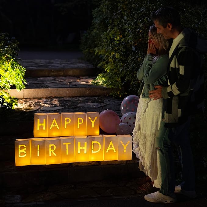 Happy Birthday Decorations for Women & Men - Surprise Set with Light Up Letters, 30 Tea Light Candles, 2000 Red & Pink Rose Petals - Luminary Bags to Create a Beautiful Happy Birthday Banner Sign