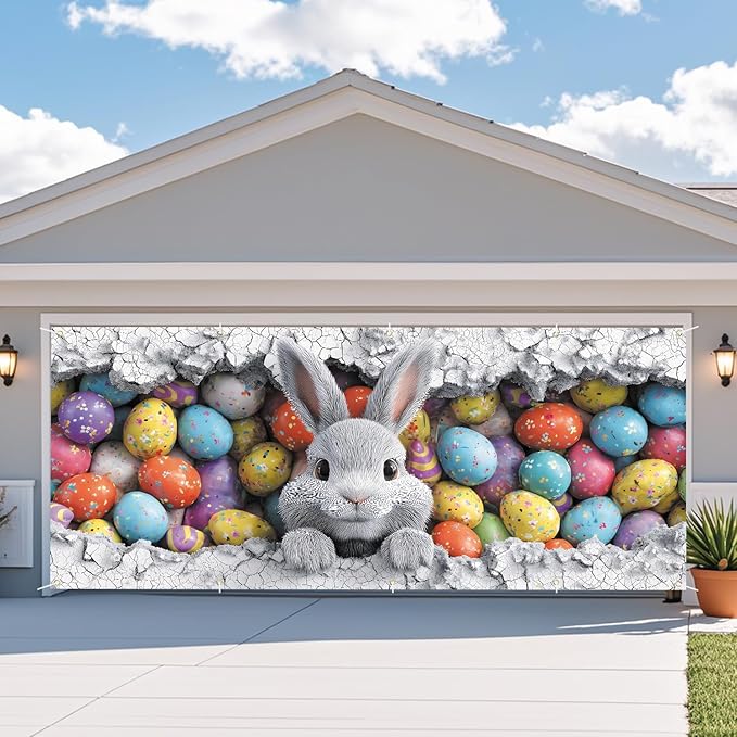 Easter Bunny with Colorful Eggs Garage Door Banner 7x16FT, Cute Bunny & Easter Egg Design, Outdoor Spring Holiday Decoration for Garage & Front Yard