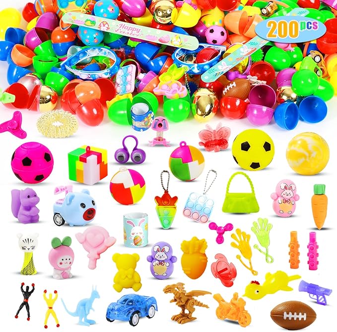 200 Pcs Prefilled Easter Eggs with Toys Inside,Easter Basket Stuffers Gifts in Surprise Eggs,Prizes Classroom Events,Gifts Bulk Fillers,Easte Party Favors