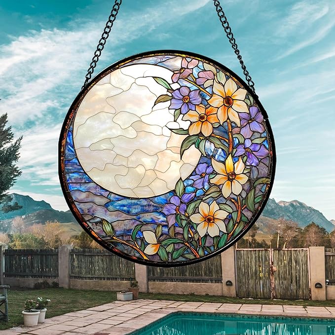 Stained Glass Window Hanging - White Purple Moon Flowers Suncatcher for Door Terrace Garden Home Decor Landscape Sun Catcher Birthday Gifts for Lovers Women Men Dad Mom Nana 11.8 in