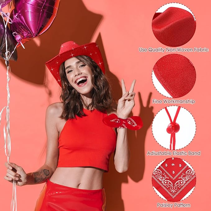 Coume 12 Pcs Sparkly Adults Cowboy Hat and Bandanas Women Men Western Glitter Cowgirl Party Hats with Adjustable Drawstring