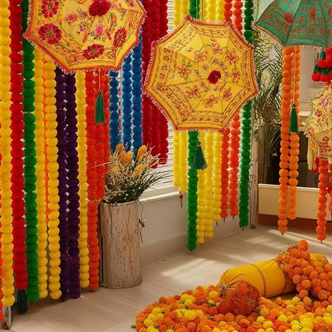 Giegxin 15 Pack Marigold Garland for Decoration 5 ft Long Strands Faux Artificial Marigold Flowers for Dia De Los Muertos Diwali Indian Wedding Party Decorations(5 Colors)