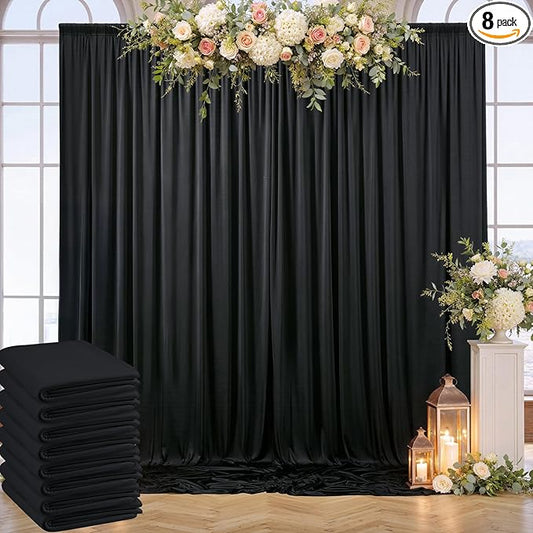 40ft x 10ft Wrinkle Free Black Backdrop Curtain for Parties, 8 Panels Silky Polyester Black Wedding Drapes for Backdrop 10 ft Photo Back Drop Cloth for Birthday Graduation Photography Background