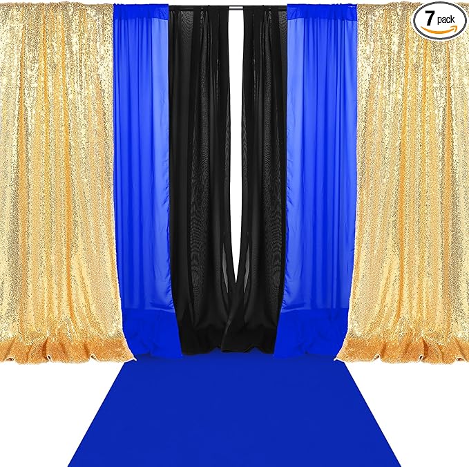 Gold Black Blue 7 Pcs Movie Night Sequin Backdrop Curtains 2ft x 8ft Photo Background Curtain Stage Door Entrance Runner Cover for New Year Movie Night Theme Party Wedding Birthday Decor