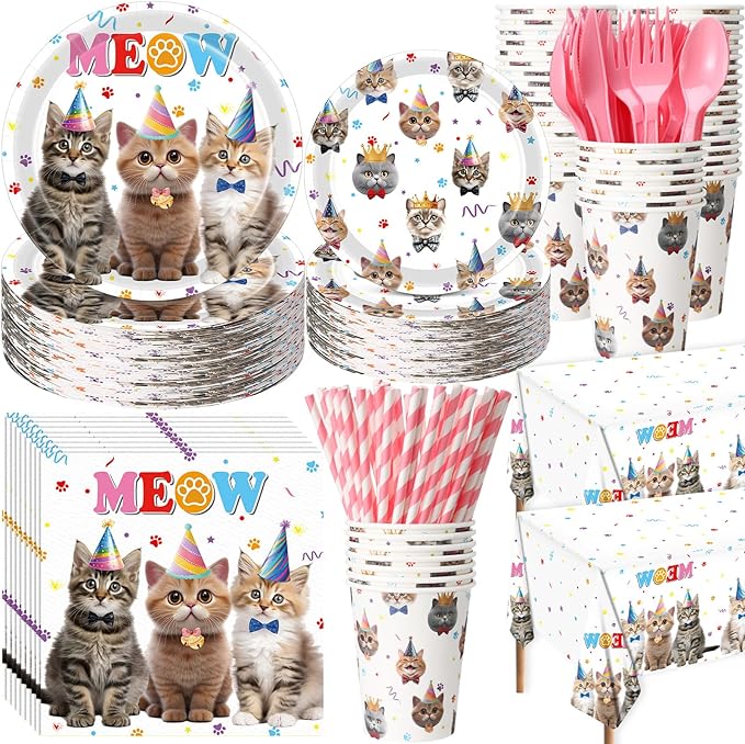 452 Pcs Cat Birthday Party Decorations for 50 Guests, Cat Paper Plates Napkins Cups Tablecloth Cutlery Straws Disposable Tableware Set for Kitten Lover Birthday Party Supplies