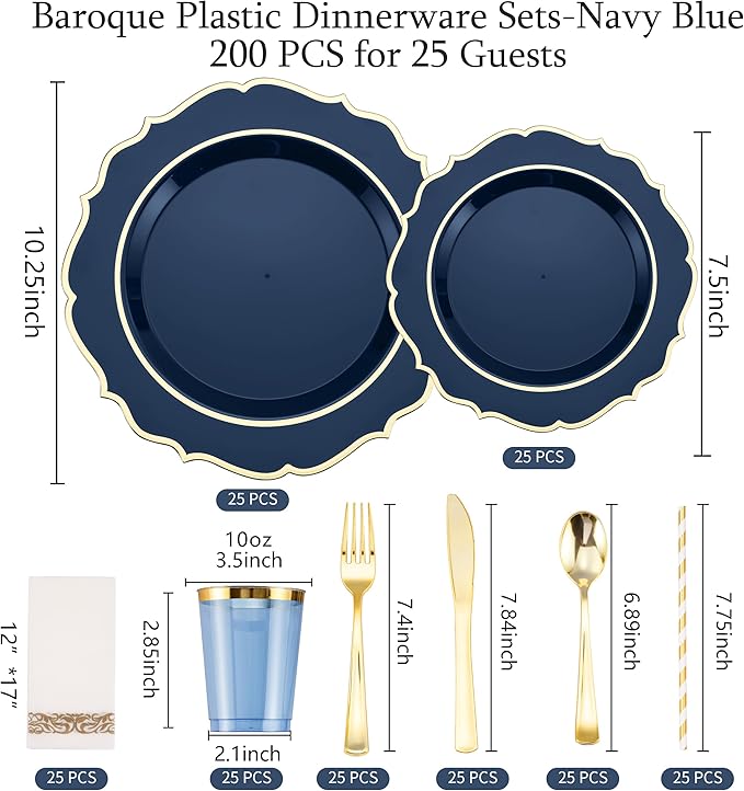 200 PCS Premium Blue Plastic Plates for 25 Guests, Heavy Duty Blue and Gold Disposable Plate, include 25 Plastic Dinner/Dessert Plates, 75 Silverware Set, 25 Cups, Straws for Party Christmas