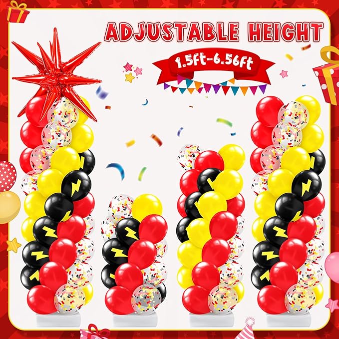 Kasyat 2 Set Cartoon Theme Balloon Column Stand Kit with Lightning Explosion Star Foil Balloons Black Red Yellow Arch Garland Kit for Cartoon Baby Shower Birthday Party Supplies