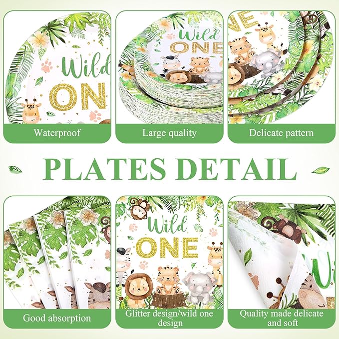 452 Pcs Wild One Birthday Party Decorations for 50, Safari Jungle Wild One Paper Plates Napkins Cups Tablecloth Cutlery Straws for Boys Kids Woodland Themed First Birthday Party Supplies