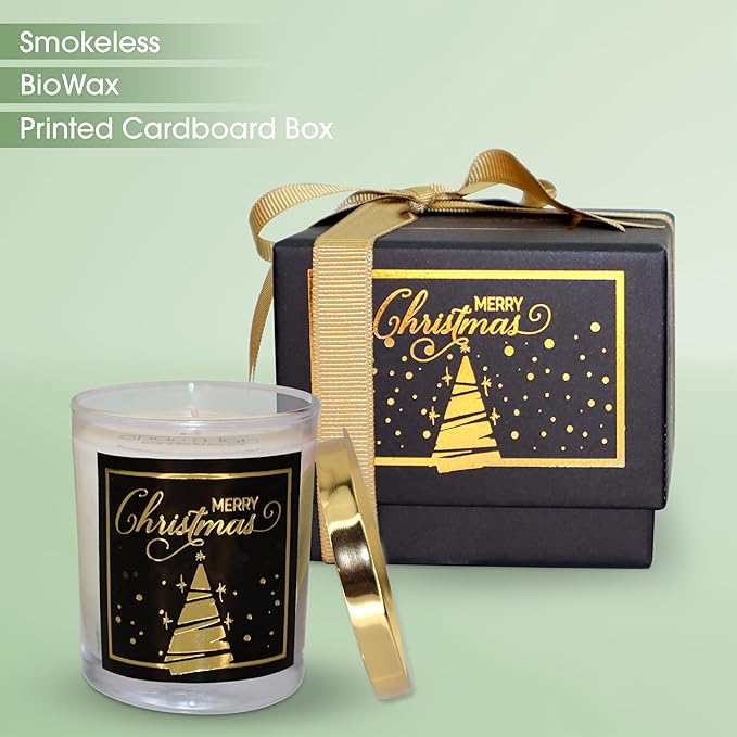 CharmLab Candle – Wood & Spice Sandal Scented Glass Jar Candle in Black Gift Box with Gold Ribbon & Christmas Tree Design, 12 oz, Natural Bio Wax, 40 Hr Burn, Holiday Gift & Festive Home Decor
