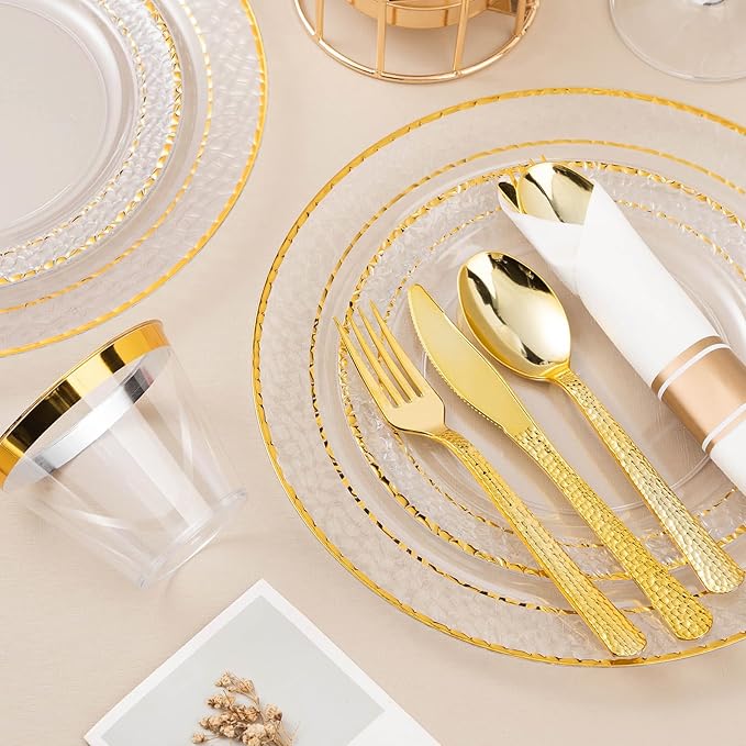 175PCS Clear Plastic Plates with Gold Trim for 25 Guests, Disposable Dinnerware Set for Party & Wedding, Includes 50 Plastic Plates, 25 Pre Rolled Napkins with Gold Silverware, 25 Cups