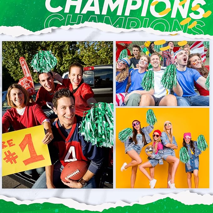 Hanaive 100Pcs Metallic Cheerleading Pom Poms with Baton Handle Cheerleader Pompom Foil 30g Cheering Squad Hand Flowers for Adults Team Spirit Sports Party Cheering