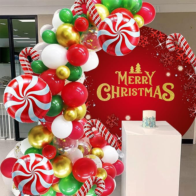 Merry Christmas Round Backdrop Cover 7.2ft for Photography Gold Merry Christmas Red Round Backdrop Cover Shining Snowflake Background Winter Party Supplies New Year Holiday Family Kids Photo