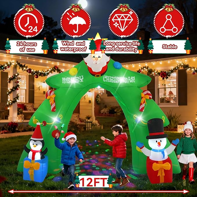 12 FT Santa's Candy Tree Arch Outdoor Inflatable with Rotating LED Colorful Lights for Christmas Holiday Party Decoration, Winter Garden Decoration