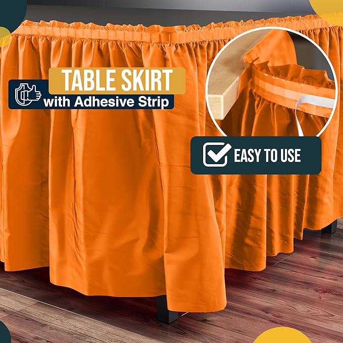 Exquisite Ruffle Table Skirt Orange 48 Pack 14 Ft Long Table Skirts for Rectangle Tables 6ft Plus or Round Tables Skirts with Adhesive Strip for Gender Reveal Decor & Happy Birthday Parties