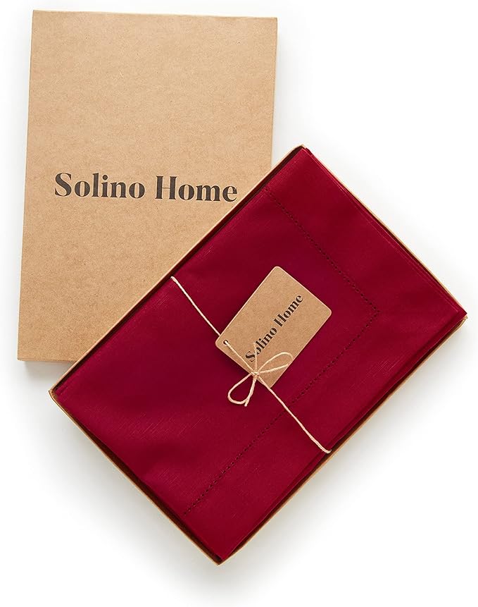 Solino Home Red Napkins Set of 4 - Cotton Linen Hemstitch Dinner Napkins Cloth 20 x 20 Inch for Winter, Valentines - Handcrafted and Machine Washable