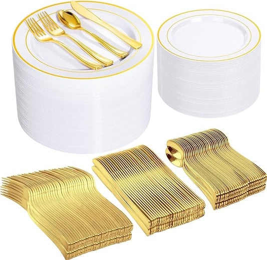 I00000 600 Pcs Gold Plastic Plates for 100 Guests.Disposable Plates for Party,Plastic Dinnerware Set of 100 Dinner Plates,100 Salad Plates,400 Gold Silverware Set(100 Spoons,100 Knives,200 Forks).
