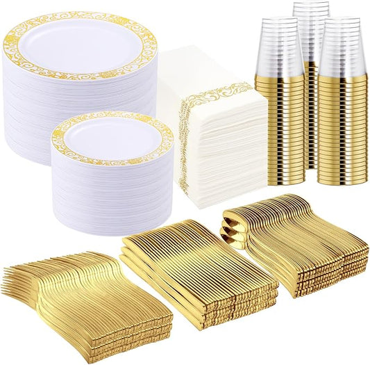 LIYH 700 Pcs Gold Plastic Dinnerware Set for 100 Guests - Plastic Plates for Party Includes Disposable Plates, Cups, Wedding Napkins and Disposable Cutlery Elegant White & Gold Design for Wedding